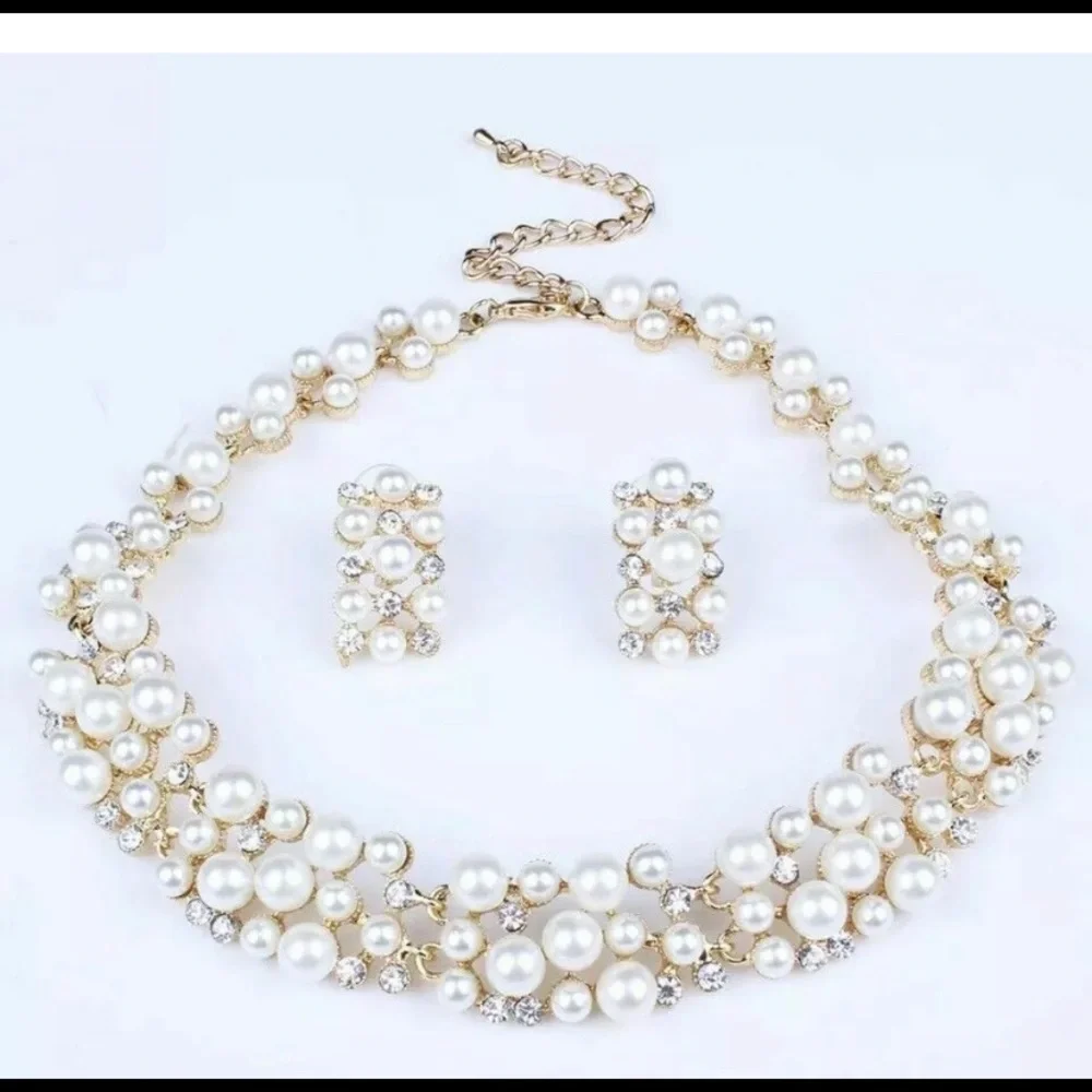 🍀New Crystal Pearl Necklace Earrings Jewelry gift Set - Picture 3 of 11